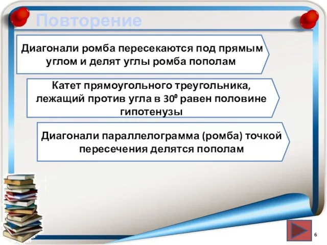 Повторение Диагонали ромба пересекаются под прямым углом и делят углы