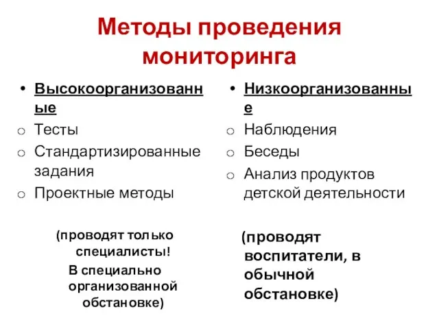 Методы проведения мониторинга Высокоорганизованные Тесты Стандартизированные задания Проектные методы (проводят только специалисты! В