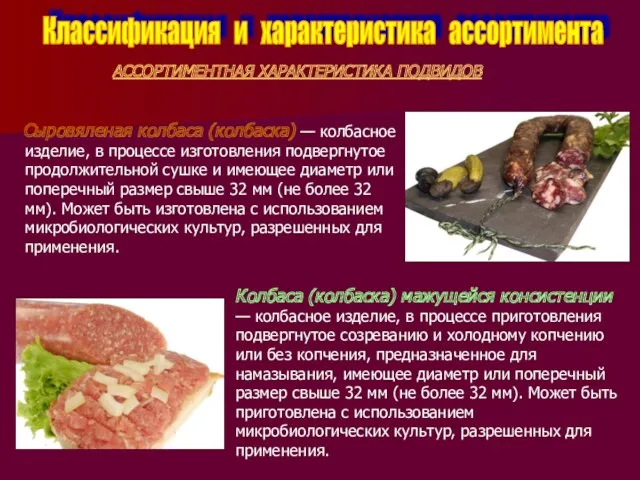 Классификация и характеристика ассортимента АССОРТИМЕНТНАЯ ХАРАКТЕРИСТИКА ПОДВИДОВ Сыровяленая колбаса (колбаска) — колбасное изделие,