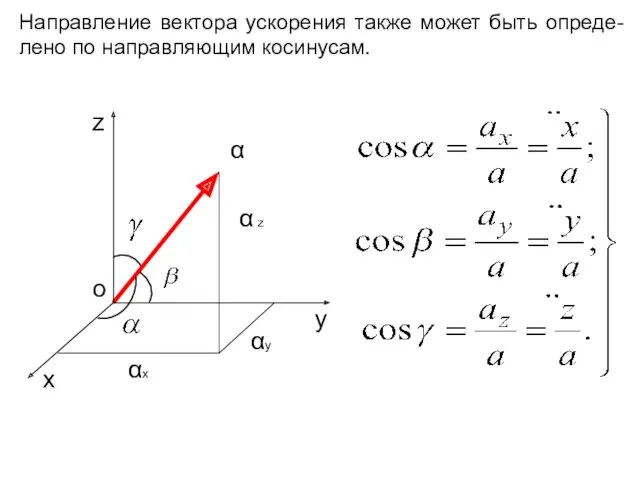 Направление вектора ускорения также может быть опреде-лено по направляющим косинусам.