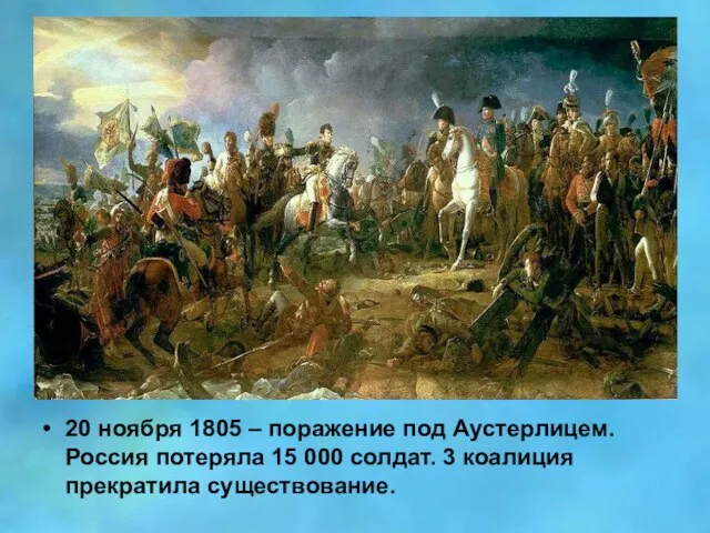 20 ноября 1805 – поражение под Аустерлицем. Россия потеряла 15 000 солдат. 3 коалиция прекратила существование.