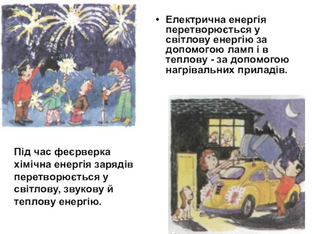 Електрична енергія перетворюється у світлову енергію за допомогою ламп і