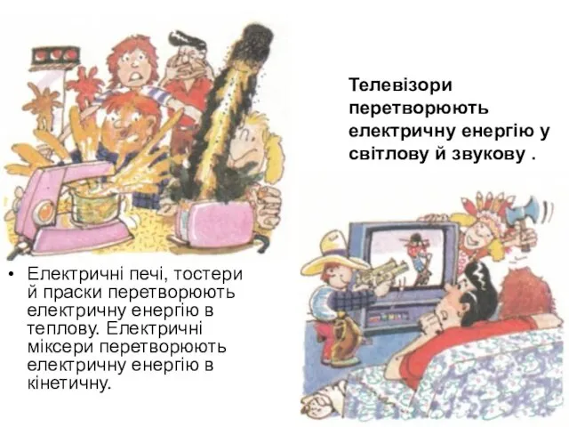 Електричні печі, тостери й праски перетворюють електричну енергію в теплову.