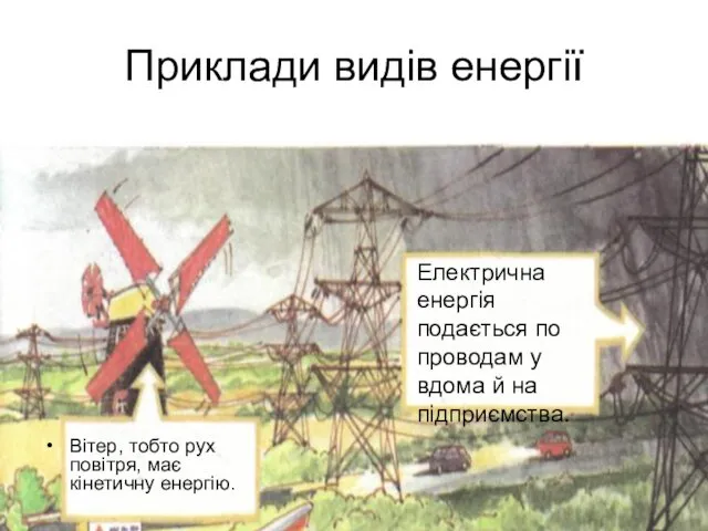 Приклади видів енергії Вітер, тобто рух повітря, має кінетичну енергію.