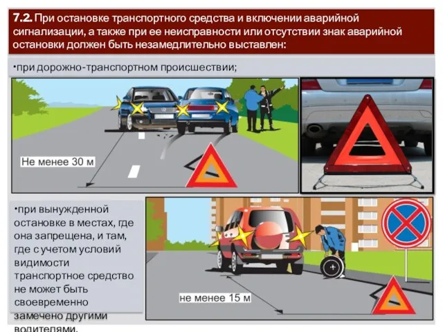 7.2. При остановке транспортного средства и включении аварийной сигнализации, а