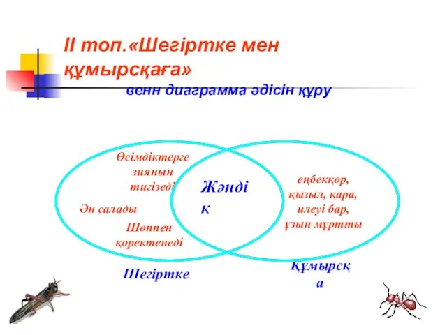 ІІ топ.«Шегіртке мен құмырсқаға» венн диаграмма әдісін құру Шегіртке Құмырсқа