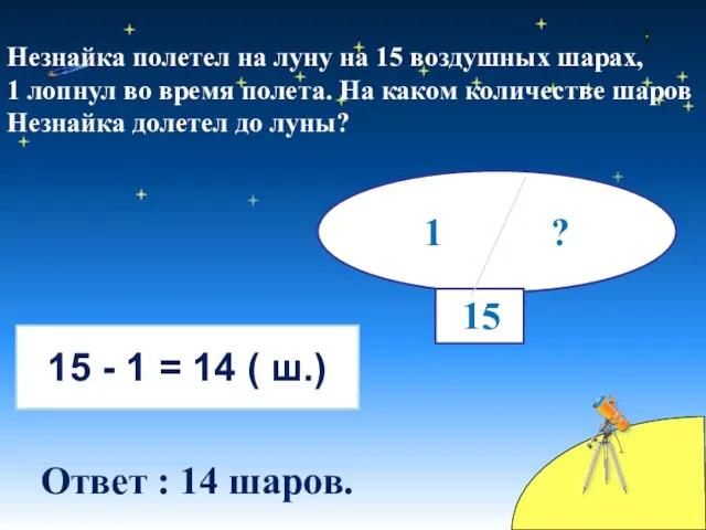 Незнайка полетел на луну на 15 воздушных шарах, 1 лопнул