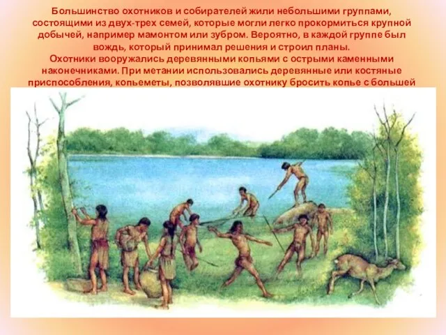 Большинство охотников и собирателей жили небольшими группами, состоящими из двух-трех семей, которые могли