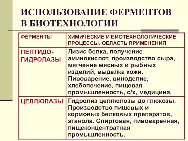 ИСПОЛЬЗОВАНИЕ ФЕРМЕНТОВ В БИОТЕХНОЛОГИИ