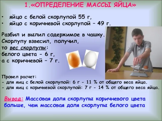 1.«ОПРЕДЕЛЕНИЕ МАССЫ ЯЙЦА» яйцо с белой скорлупой 55 г, яйцо