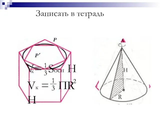 V= Sосн H к H R Записать в тетрадь