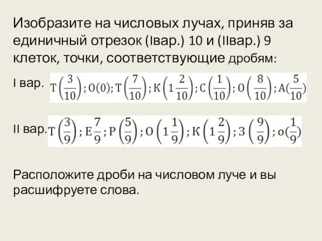 Изобразите на числовых лучах, приняв за единичный отрезок (Iвар.) 10