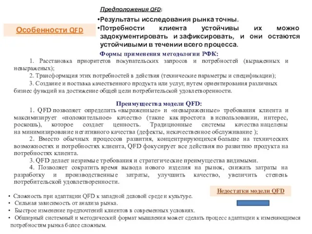 Формы применения методологии РФК: 1. Расстановка приоритетов покупательских запросов и