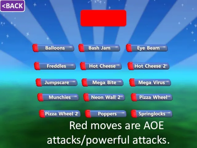 Red moves are AOE attacks/powerful attacks.