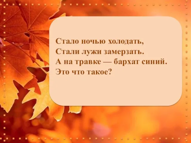 Стало ночью холодать, Стали лужи замерзать. А на травке — бархат синий. Это что такое?