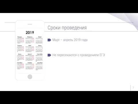 Сроки проведения Март – апрель 2019 года Не пересекаются с проведением ЕГЭ