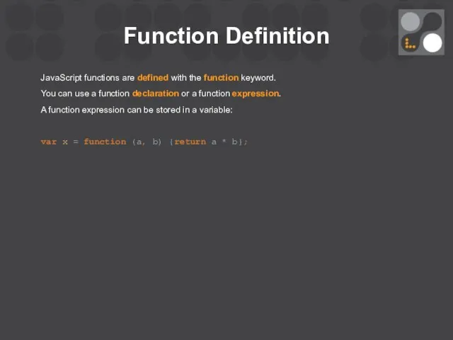 Function Definition JavaScript functions are defined with the function keyword. You can use