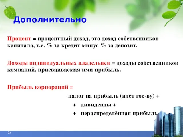 Дополнительно Процент = процентный доход, это доход собственников капитала, т.е.