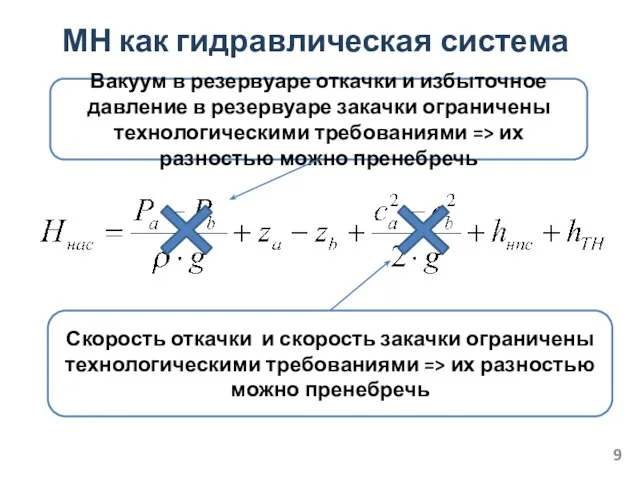 МН как гидравлическая система Вакуум в резервуаре откачки и избыточное