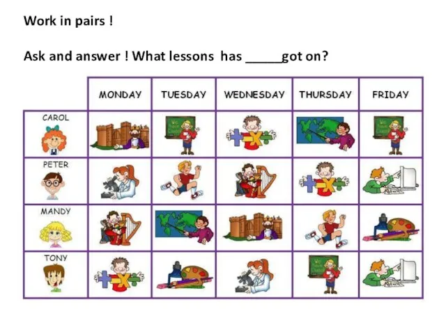 Work in pairs ! Ask and answer ! What lessons has _____got on?