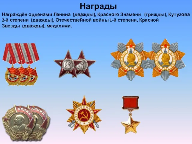 Награды : Награждён орденами Ленина (дважды), Красного Знамени (трижды), Кутузова 2-й степени (дважды),
