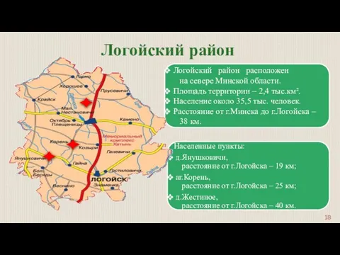 Населенные пункты: д.Янушковичи, расстояние от г.Логойска – 19 км; аг.Корень,