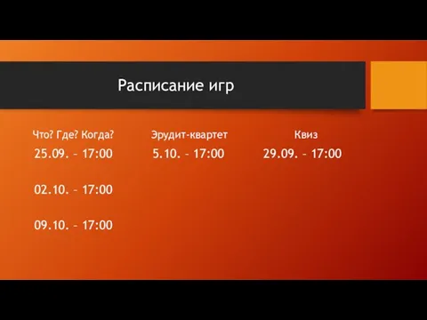 Расписание игр Что? Где? Когда? 25.09. – 17:00 02.10. –