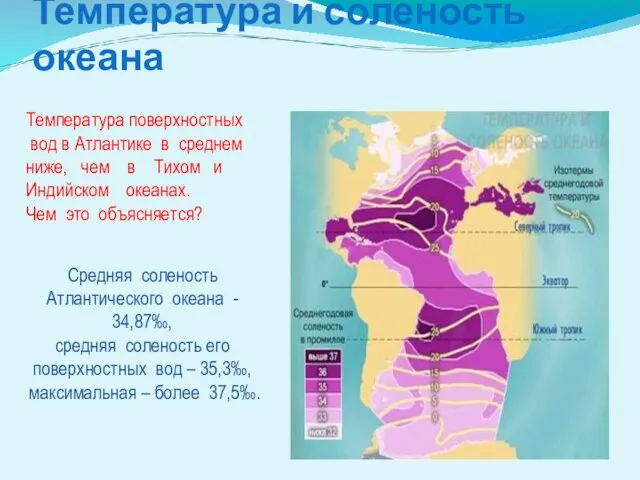 Температура и соленость океана Средняя соленость Атлантического океана - 34,87‰,