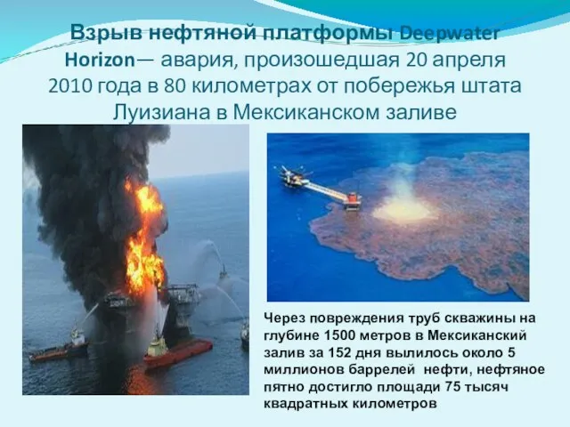 Взрыв нефтяной платформы Deepwater Horizon— авария, произошедшая 20 апреля 2010