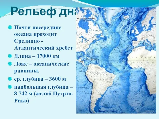 Рельеф дна Почти посередине океана проходит Срединно -Атлантический хребет Длина