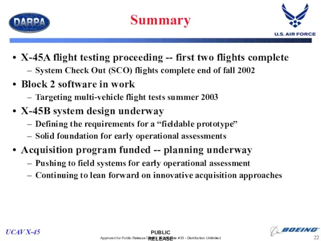 Summary X-45A flight testing proceeding -- first two flights complete