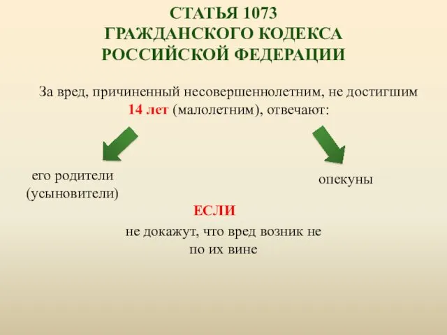 СТАТЬЯ 1073 ГРАЖДАНСКОГО КОДЕКСА РОССИЙСКОЙ ФЕДЕРАЦИИ За вред, причиненный несовершеннолетним,