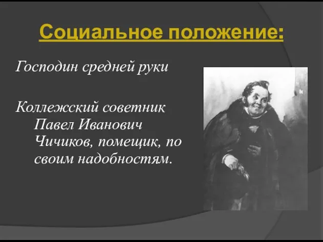 Социальное положение: Господин средней руки Коллежский советник Павел Иванович Чичиков, помещик, по своим надобностям.