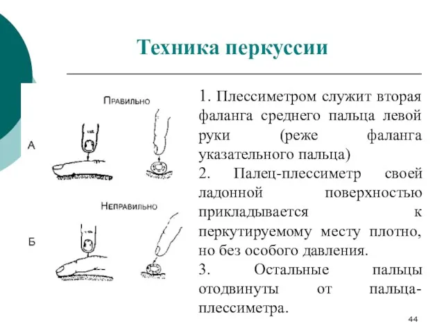 1. Плессиметром служит вторая фаланга среднего пальца левой руки (реже