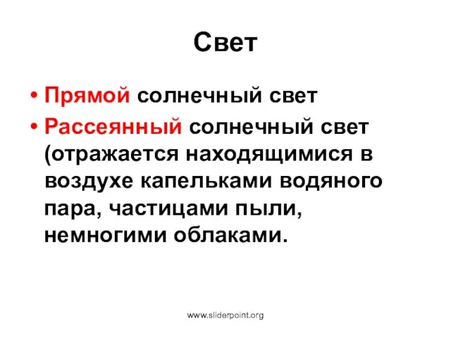 Свет Прямой солнечный свет Рассеянный солнечный свет (отражается находящимися в