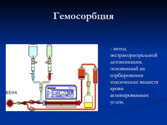 Гемосорбция - метод экстракорпоральной детоксикации, основанный на сорбировании токсических веществ крови активированным углем.