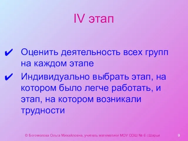 IV этап Оценить деятельность всех групп на каждом этапе Индивидуально