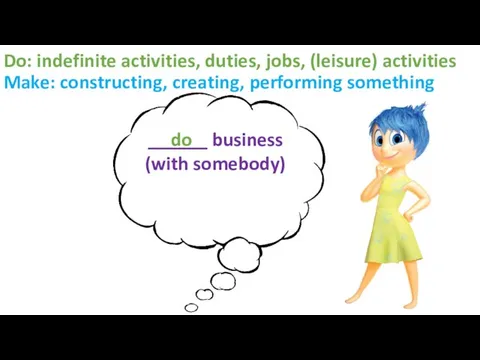 Do: indefinite activities, duties, jobs, (leisure) activities Make: constructing, creating,