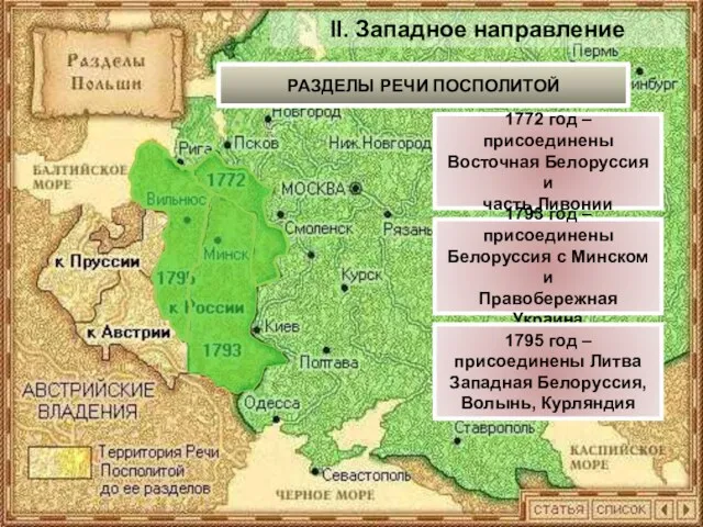 II. Западное направление РАЗДЕЛЫ РЕЧИ ПОСПОЛИТОЙ 1772 год – присоединены