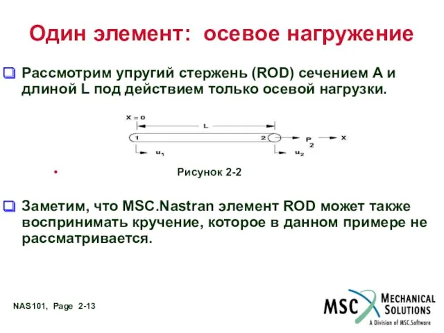 Один элемент: осевое нагружение Рассмотрим упругий стержень (ROD) сечением A