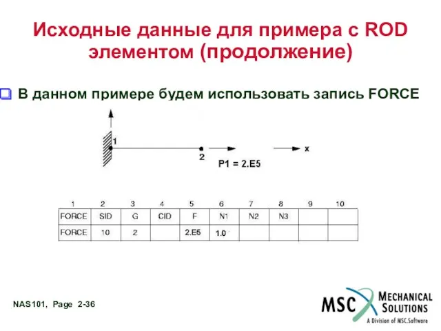 Исходные данные для примера с ROD элементом (продолжение) В данном примере будем использовать запись FORCE