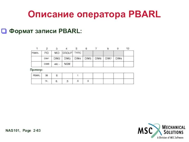 Описание оператора PBARL Формат записи PBARL: Пример: