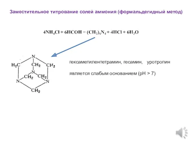 Заместительное титрование солей аммония (формальдегидный метод) гексаметилентетрамин, гесамин, уротропин является слабым основанием (рН > 7)