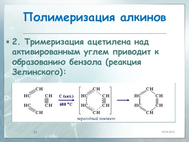 Полимеризация алкинов 2. Тримеризация ацетилена над активированным углем приводит к образованию бензола (реакция Зелинского): 10.04.2012