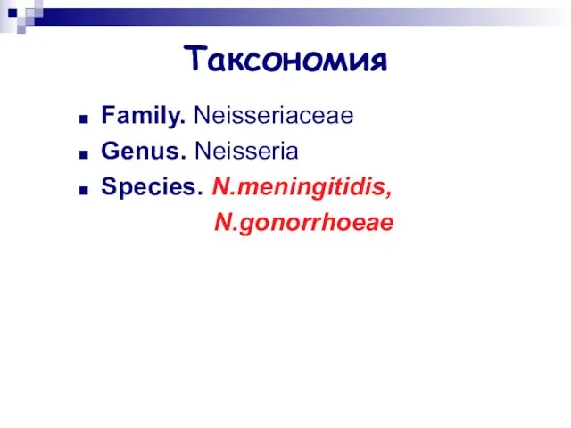Таксономия Family. Neisseriaceae Genus. Neisseria Species. N.meningitidis, N.gonorrhoeae