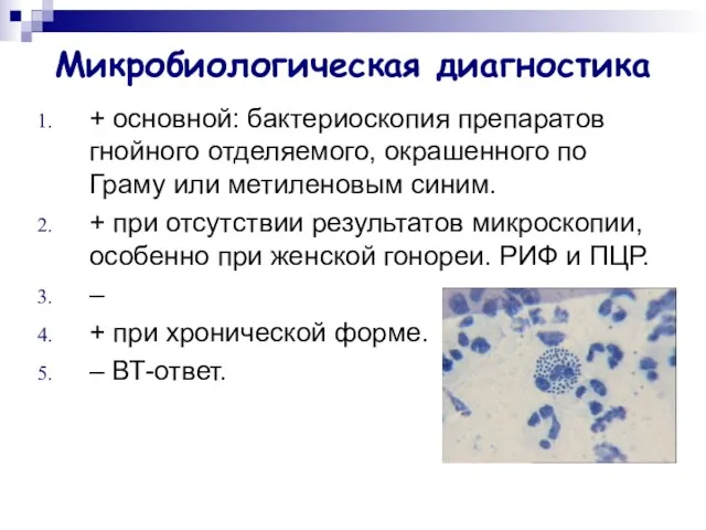 Микробиологическая диагностика + основной: бактериоскопия препаратов гнойного отделяемого, окрашенного по Граму или метиленовым