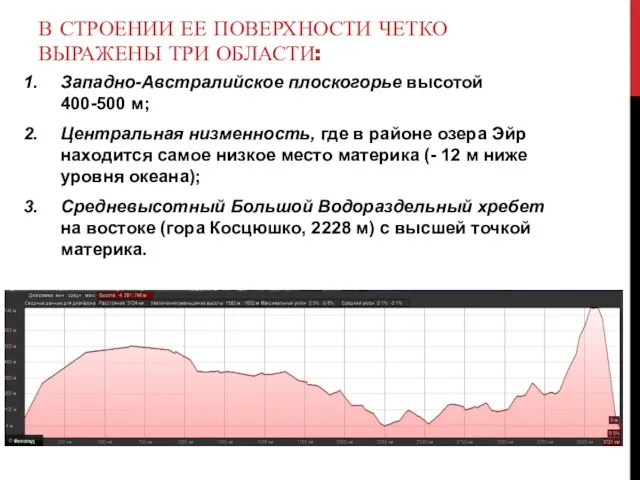 В СТРОЕНИИ ЕЕ ПОВЕРХНОСТИ ЧЕТКО ВЫРАЖЕНЫ ТРИ ОБЛАСТИ: Западно-Австралийское плоскогорье