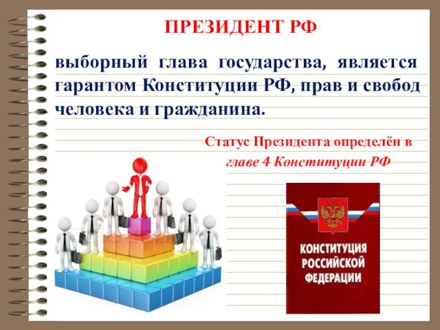 ПРЕЗИДЕНТ РФ выборный глава государства, является гарантом Конституции РФ, прав и свобод человека