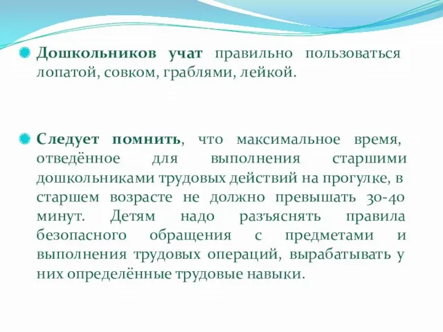 Дошкольников учат правильно пользоваться лопатой, совком, граблями, лейкой. Следует помнить,