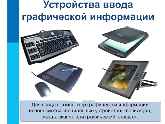 Устройства ввода графической информации Для ввода в компьютер графической информации используются специальные устройства: